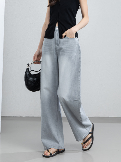 女夏天絲高腰彎刀牛仔褲