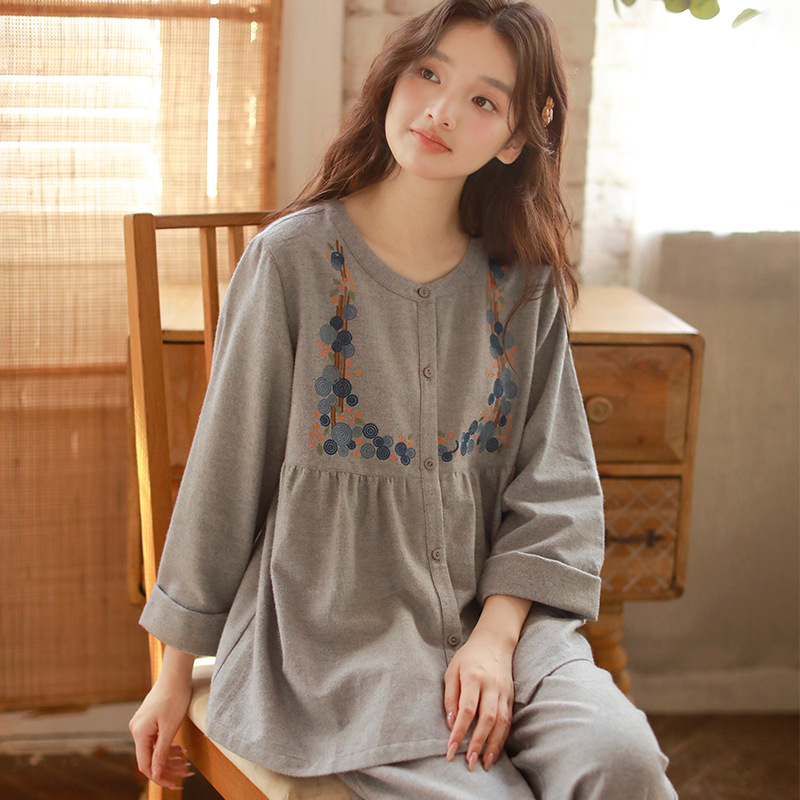 秋冬棉質磨毛刺繡長袖家居服