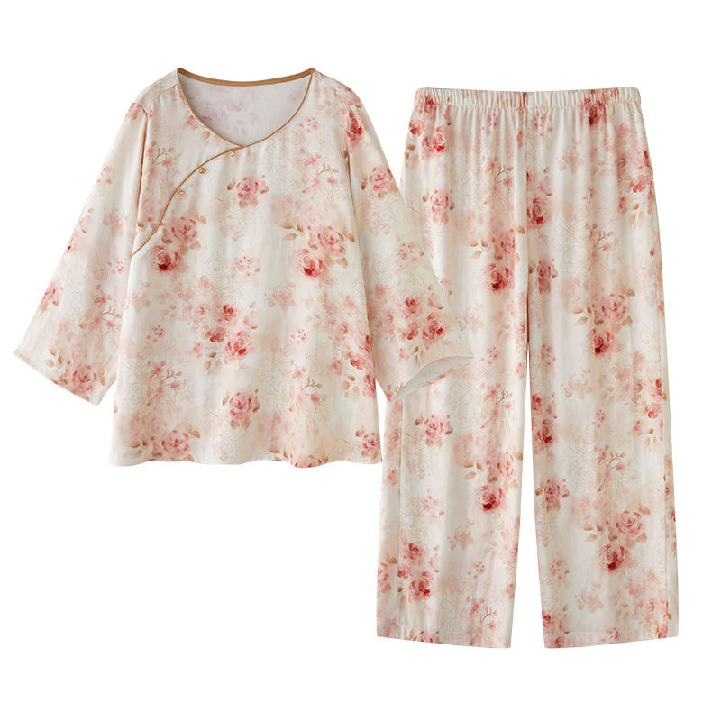 女款竹棉國風斜襟南笙印花長袖睡衣套裝