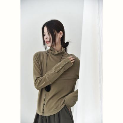 女士秋冬高領磨毛袖口多扣打底衫