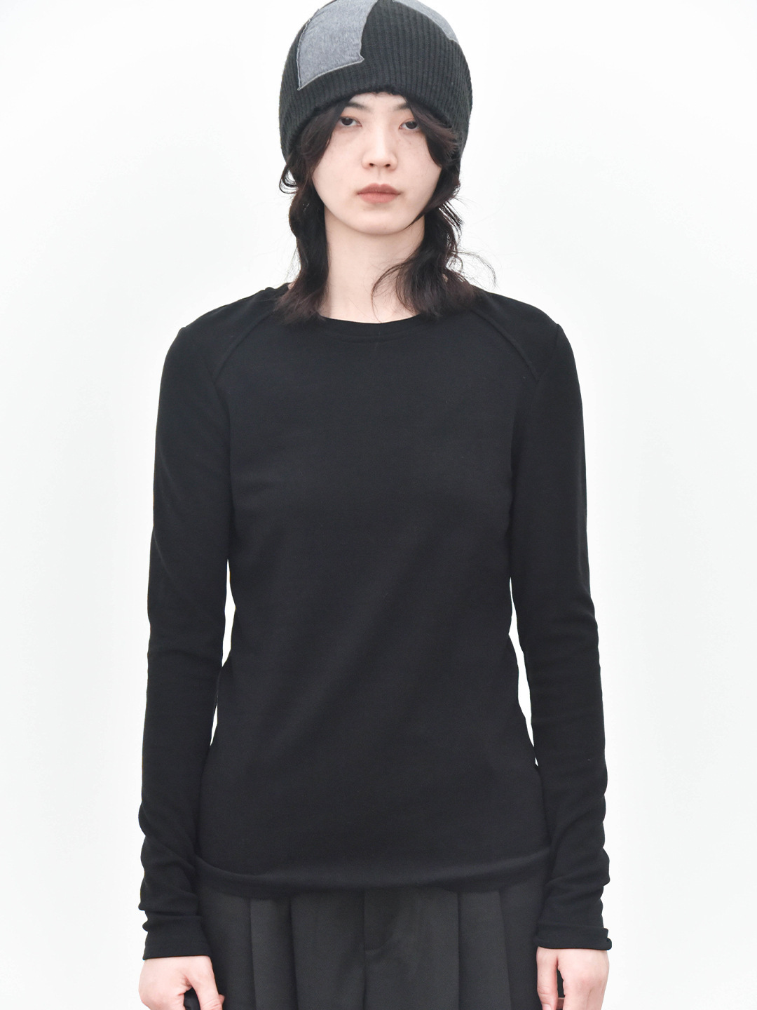 女士春秋軟糯幾件圓領拼縫插肩打底衫