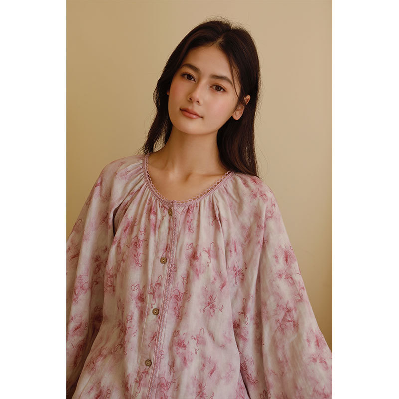 女款棉紗紫影印花長袖長褲睡衣套裝