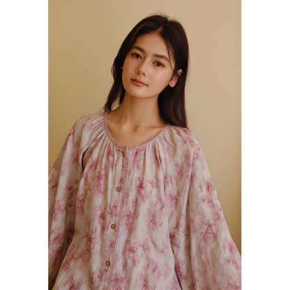 女款棉紗紫影印花長袖長褲睡衣套裝