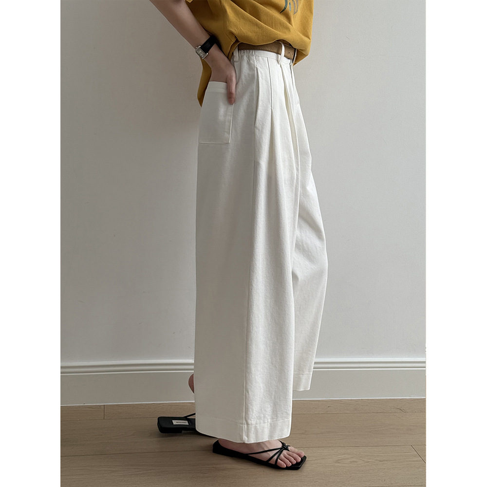 女士水洗棉含腰帶直筒闊腿褲