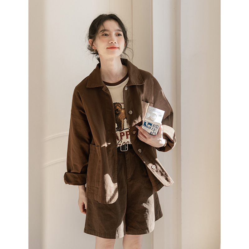女士秋冬日系大口袋翻領工裝休閒外套