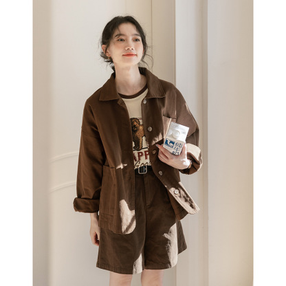 女士秋冬日系大口袋翻領工裝休閒外套