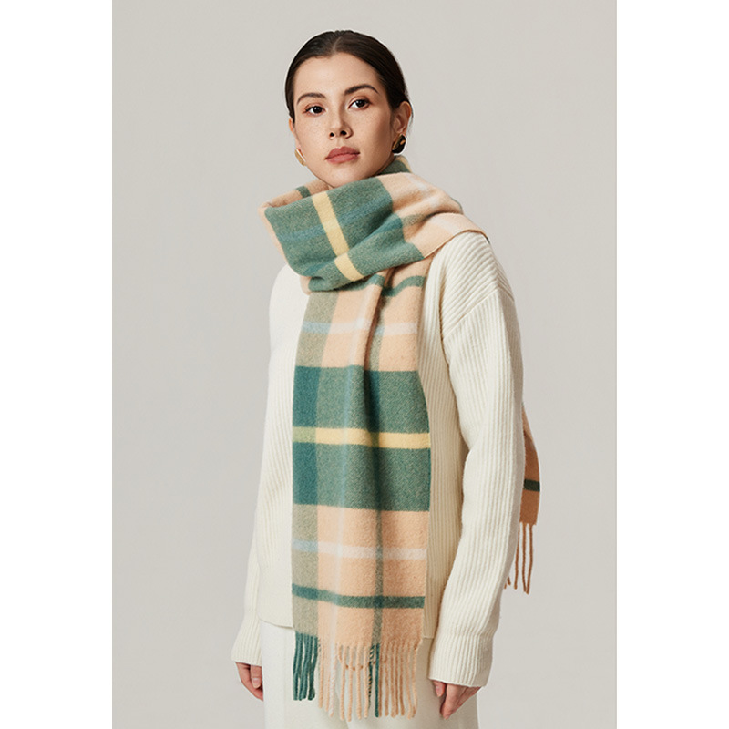 秋冬蓬鬆格子100%羊毛圍巾