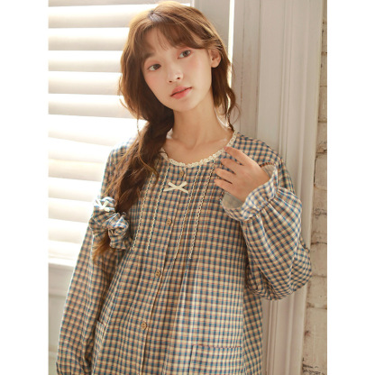 女士秋季純棉紗布格紋圓領長袖長褲居家服