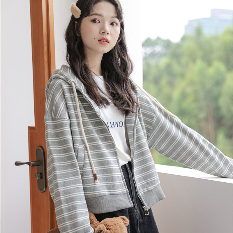 女士秋季慵懶風連帽條紋針織衛衣外套