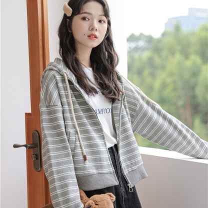 女士秋季慵懶風連帽條紋針織衛衣外套