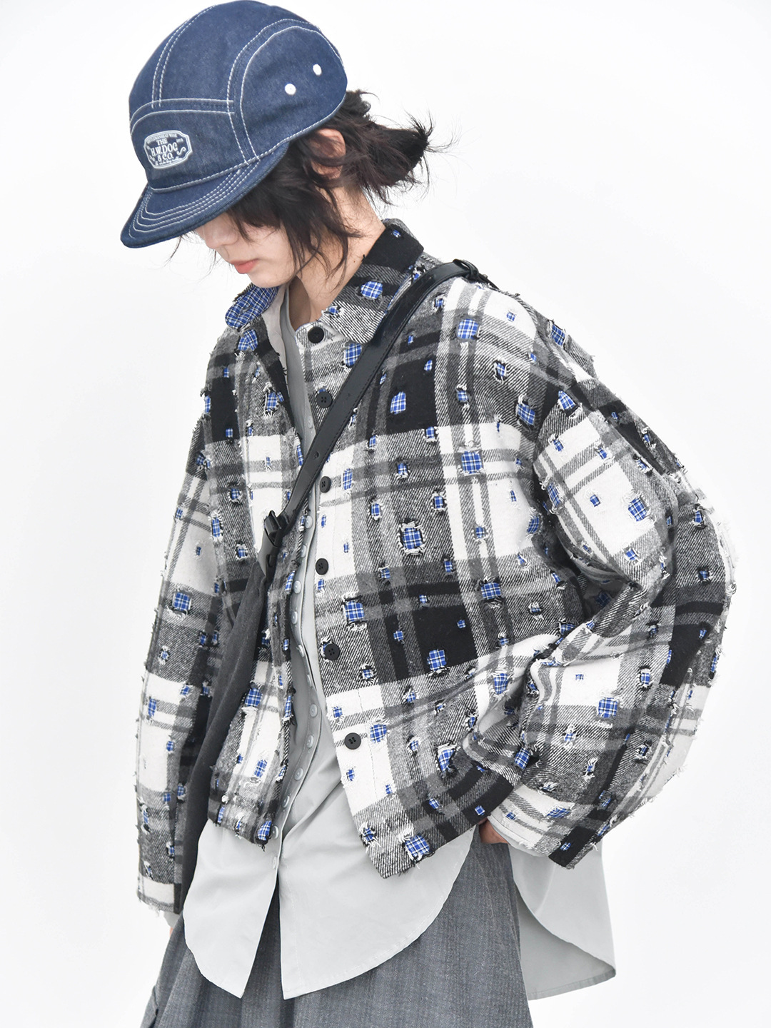 女士秋冬立體格紋磨破設計短款夾棉外套