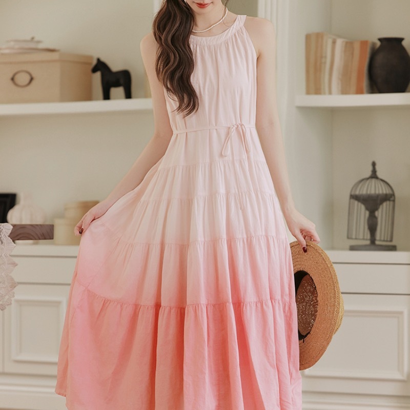 夏漸變粉無袖蝴蝶繫帶連衣裙子