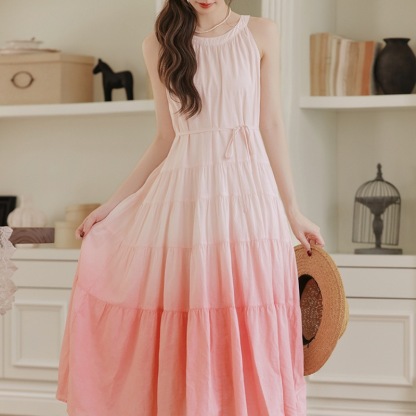 夏漸變粉無袖蝴蝶繫帶連衣裙子