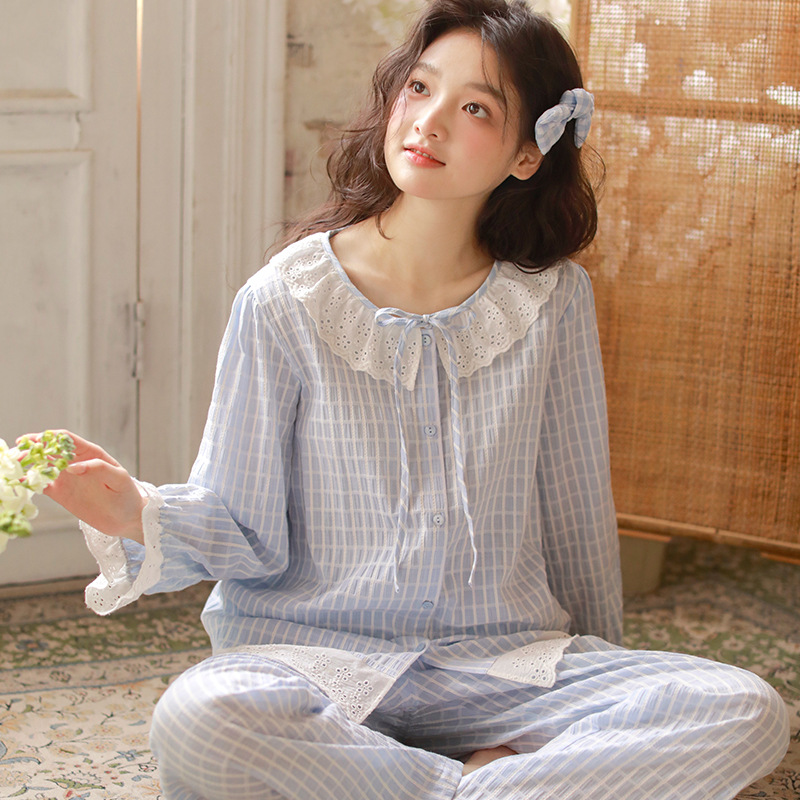 女款棉紗粉藍花邊長袖長褲睡衣套裝