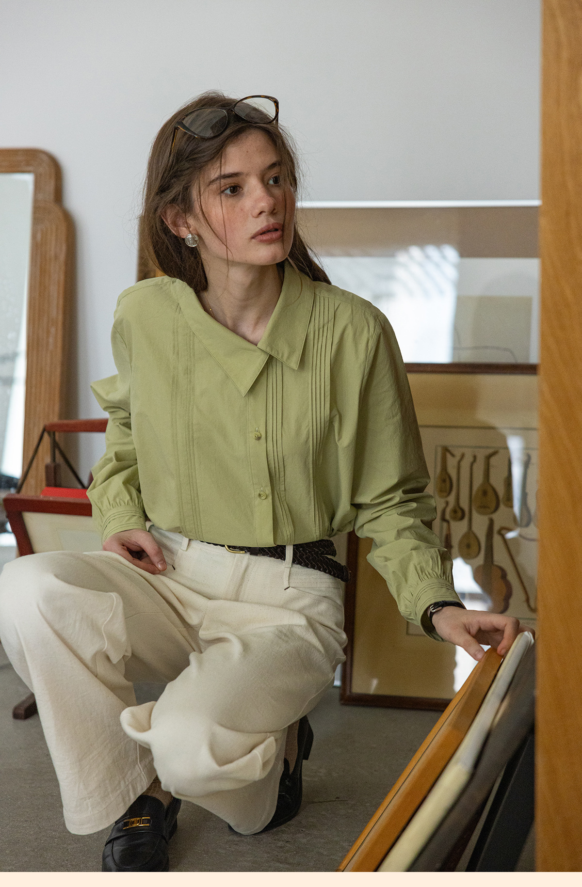 女春秋百褶斜門襟歪領長袖襯衫