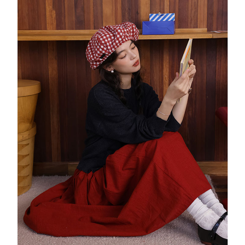 女士秋季復古紅色A字中長裙