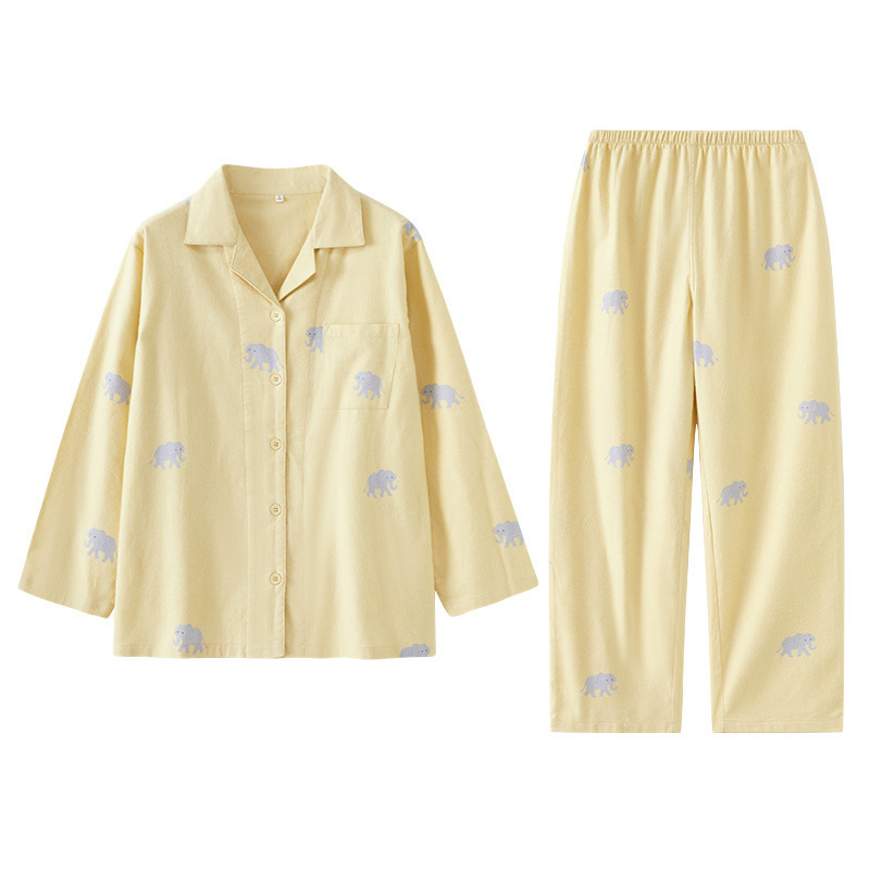 女士春秋純棉磨毛大象翻領長袖長褲居家服