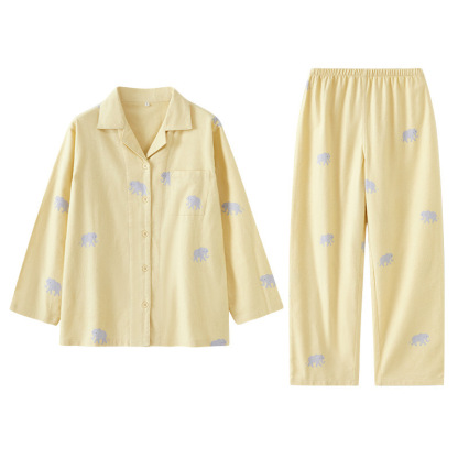 女士春秋純棉磨毛大象翻領長袖長褲居家服