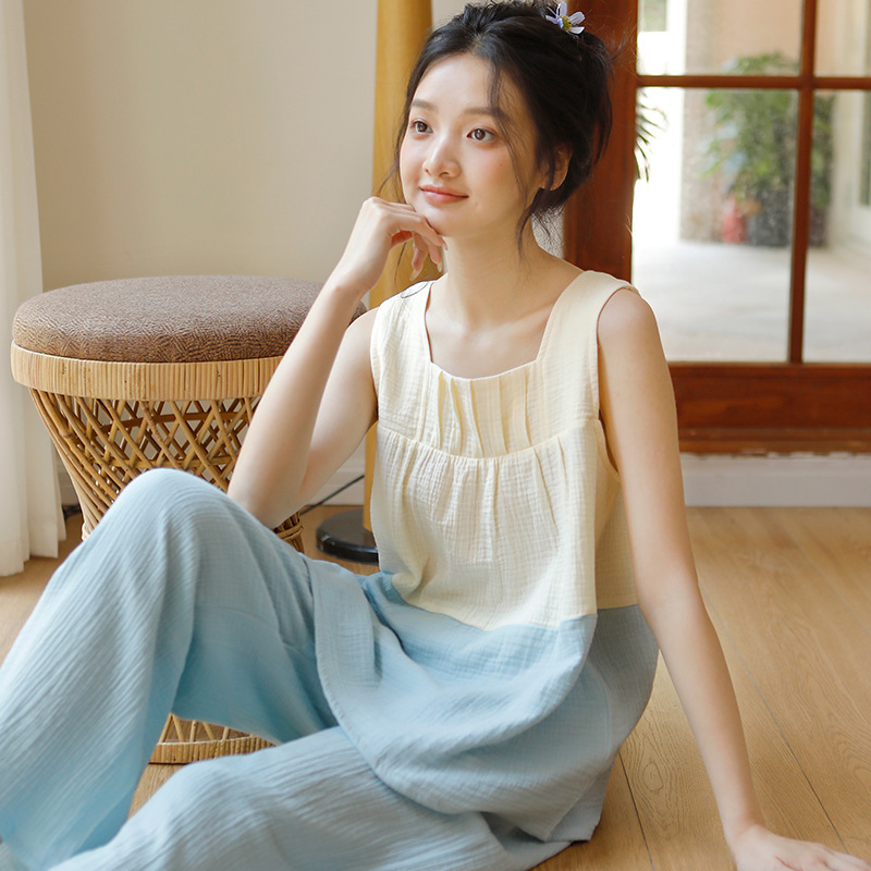 女款夏季壓褶方領無袖長褲家居服
