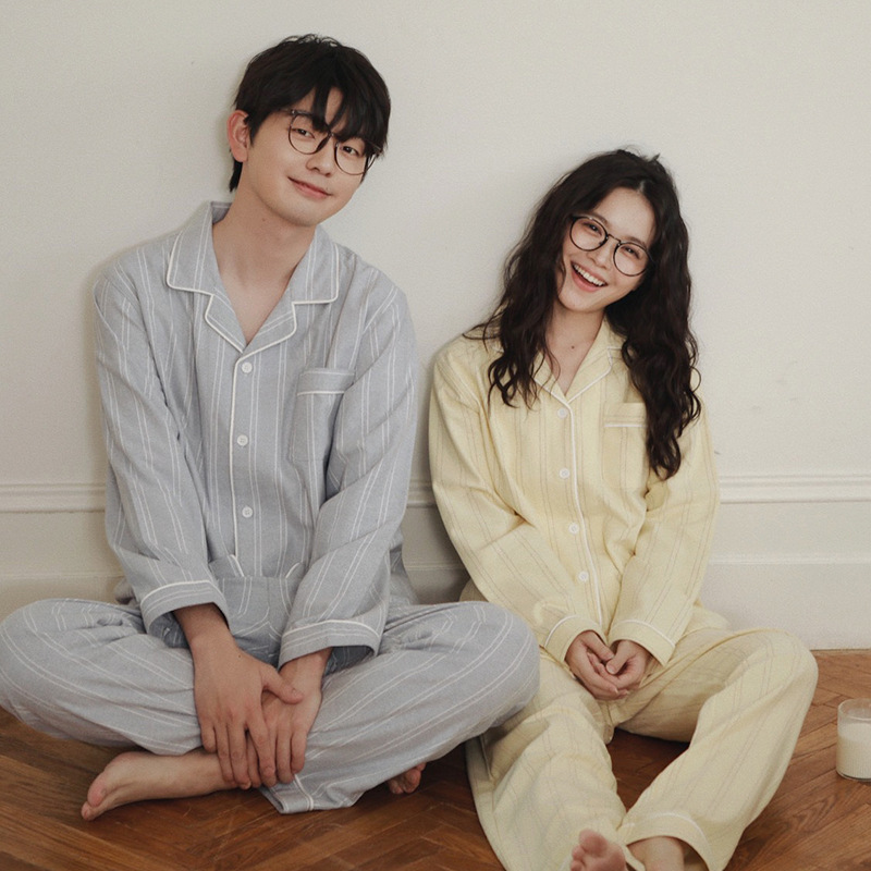 女士春秋冬情侶款純棉磨毛細條長袖長褲居家服