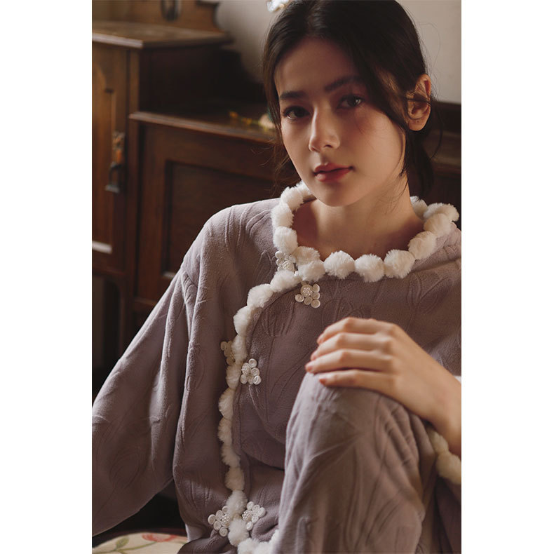 女士秋冬加絨鬱金香提花民國風睡衣