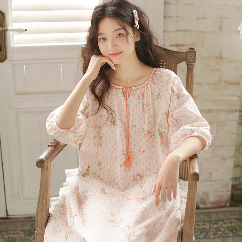 女款夏季棉紗流蘇系帶圓領七分袖睡裙