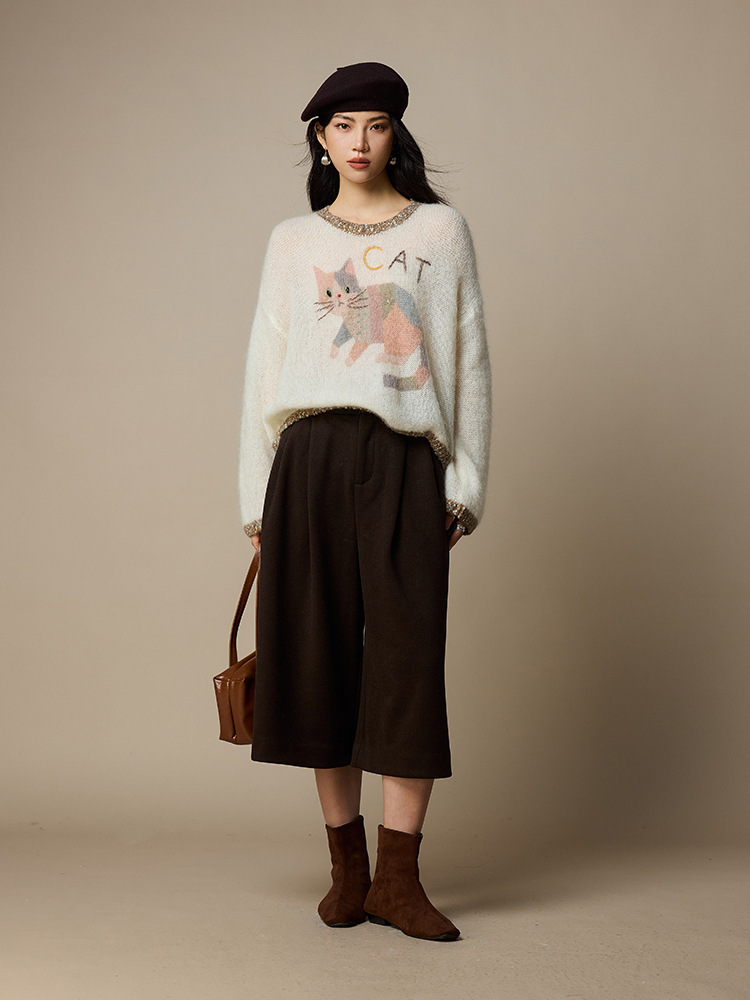 女士春秋印染海馬毛羊毛針織衫