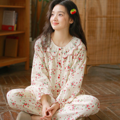 女士春秋薄款三層棉紗長袖長褲居家服