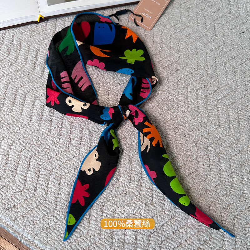 桑蠶絲趣味塗鴉三角絲巾綁髮綁包