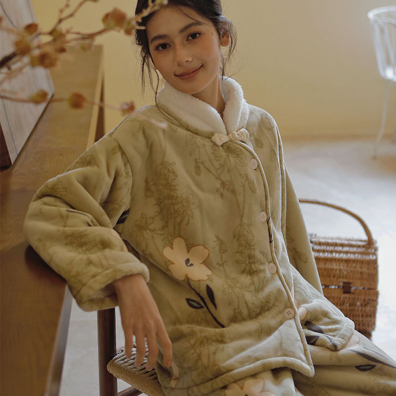 女士冬季古風印花立領睡衣套裝