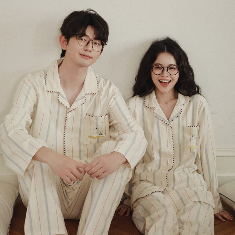 女士情侶款秋冬全棉磨毛光芒翻領長袖長褲居家服