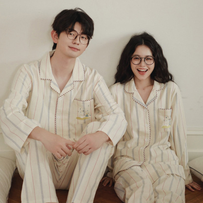 女士情侶款秋冬全棉磨毛光芒翻領長袖長褲居家服