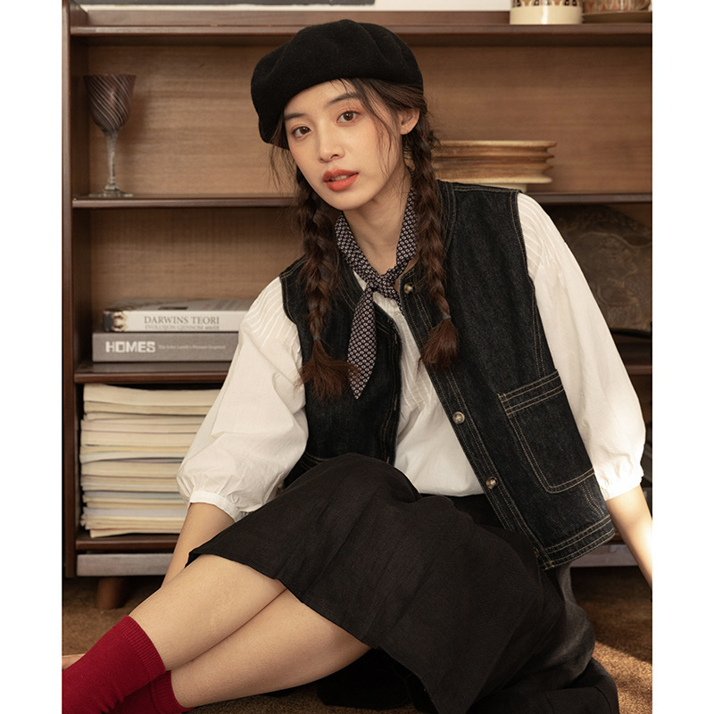 女士春秋短款明線設計牛仔馬甲