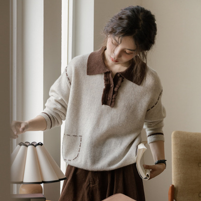 女士秋冬撞色POLO領羊駝絨毛衣