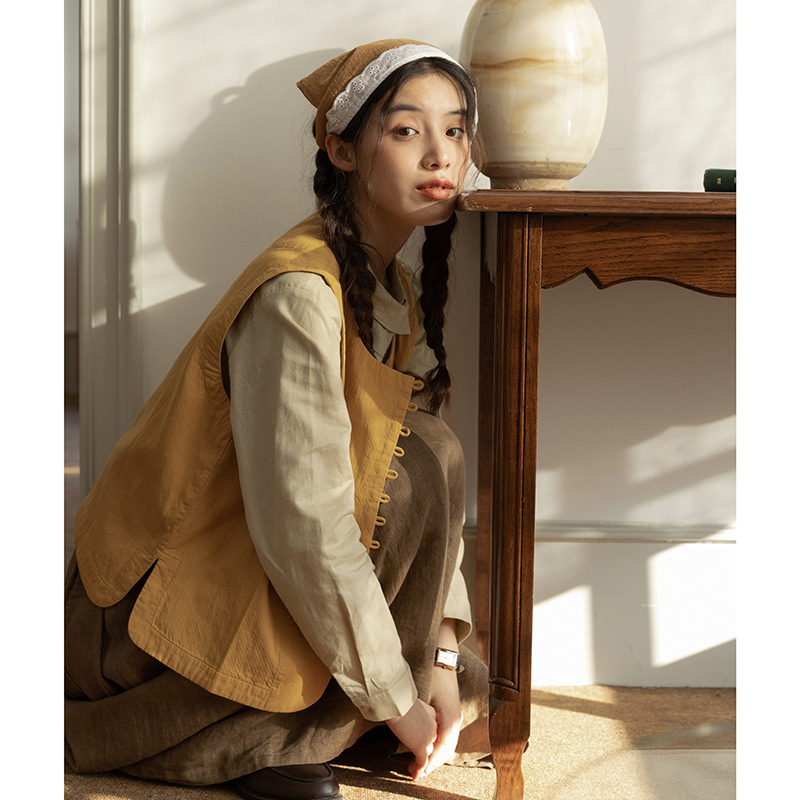 女士春秋復古多排扣短款黃色馬甲