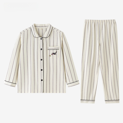 女士春秋純棉情侶條紋刺繡翻領長袖長褲居家服合集