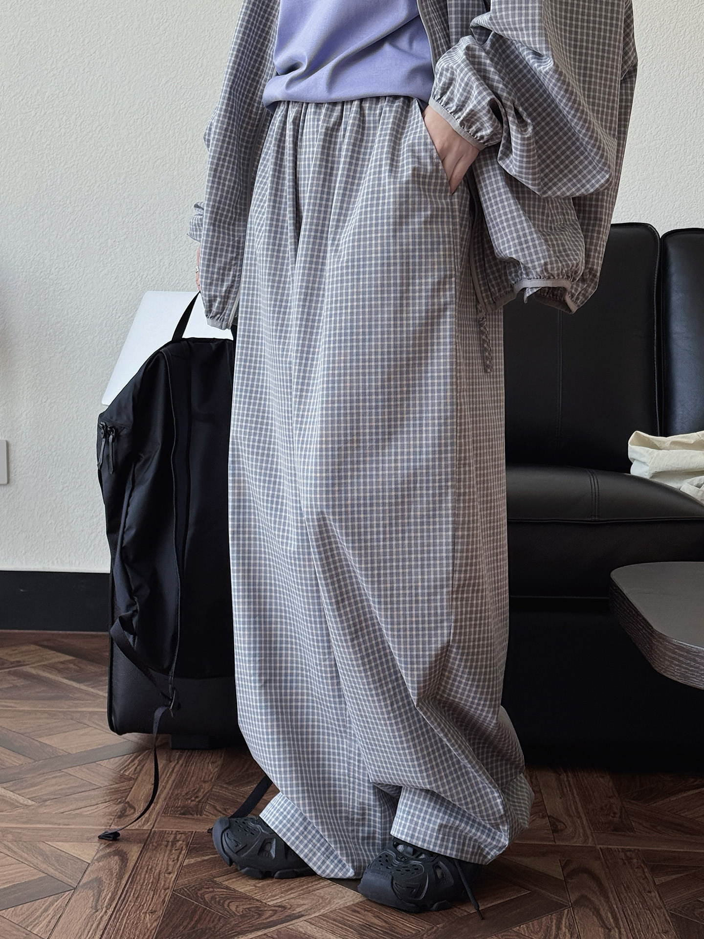 女夏細格紋寬鬆闊腿長褲