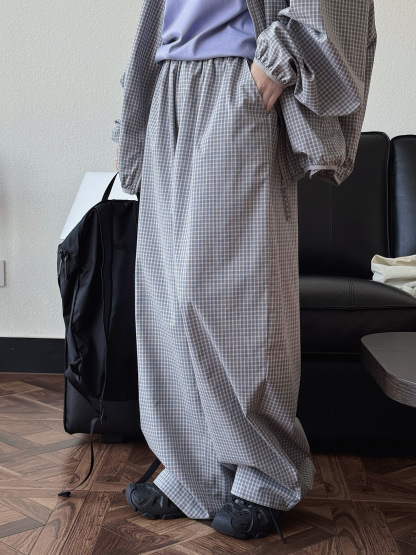 女夏細格紋寬鬆闊腿長褲