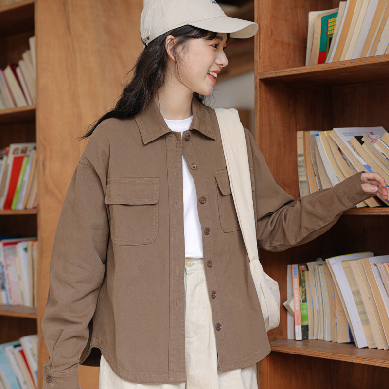 女士春秋季學院風港味水洗工裝牛仔外套