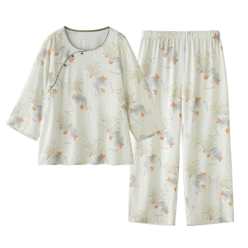 女款竹棉國風斜襟南笙印花長袖睡衣套裝