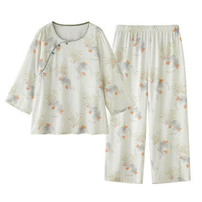 女款竹棉國風斜襟南笙印花長袖睡衣套裝