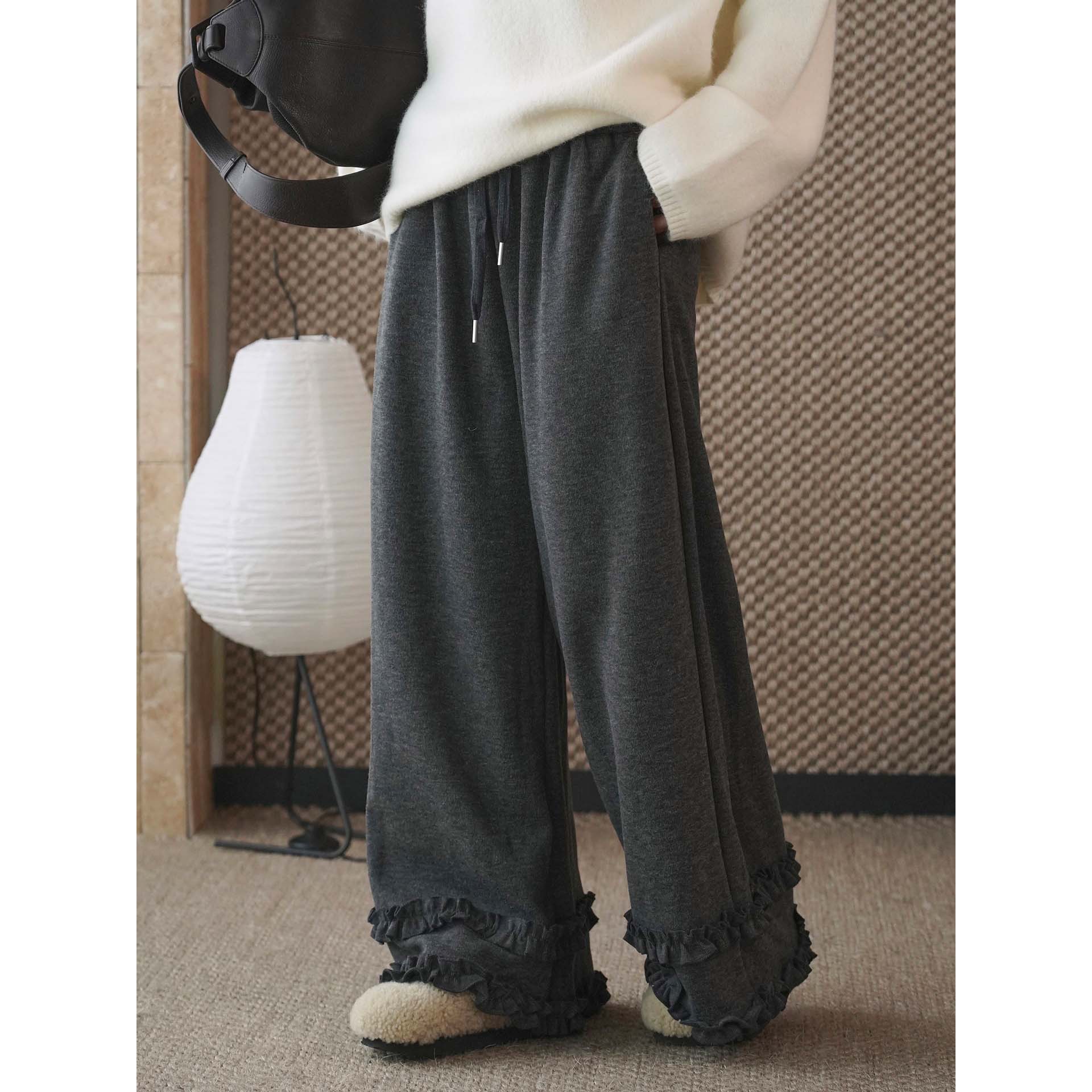 女士冬季高腰荷葉邊休閒褲