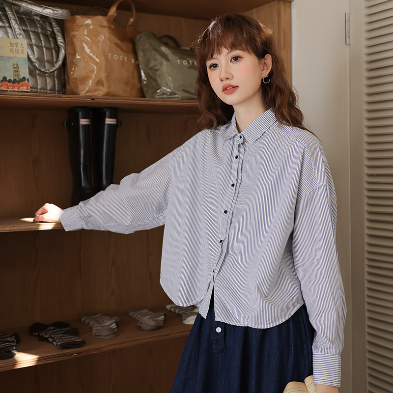 春藍白條紋小翻領長袖襯衫