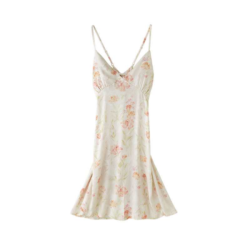 女士貢緞花卉透氣露背短款吊帶睡裙
