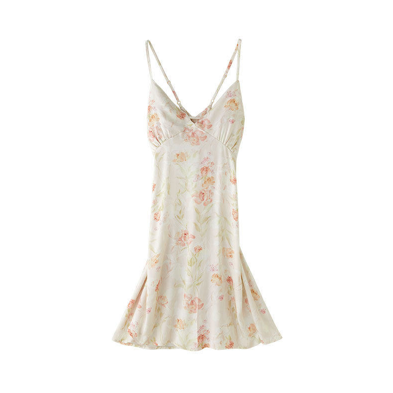 女士貢緞花卉透氣露背短款吊帶睡裙