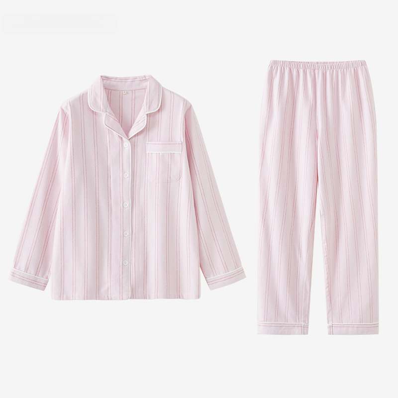 女士春秋冬情侶款純棉磨毛細條長袖長褲居家服