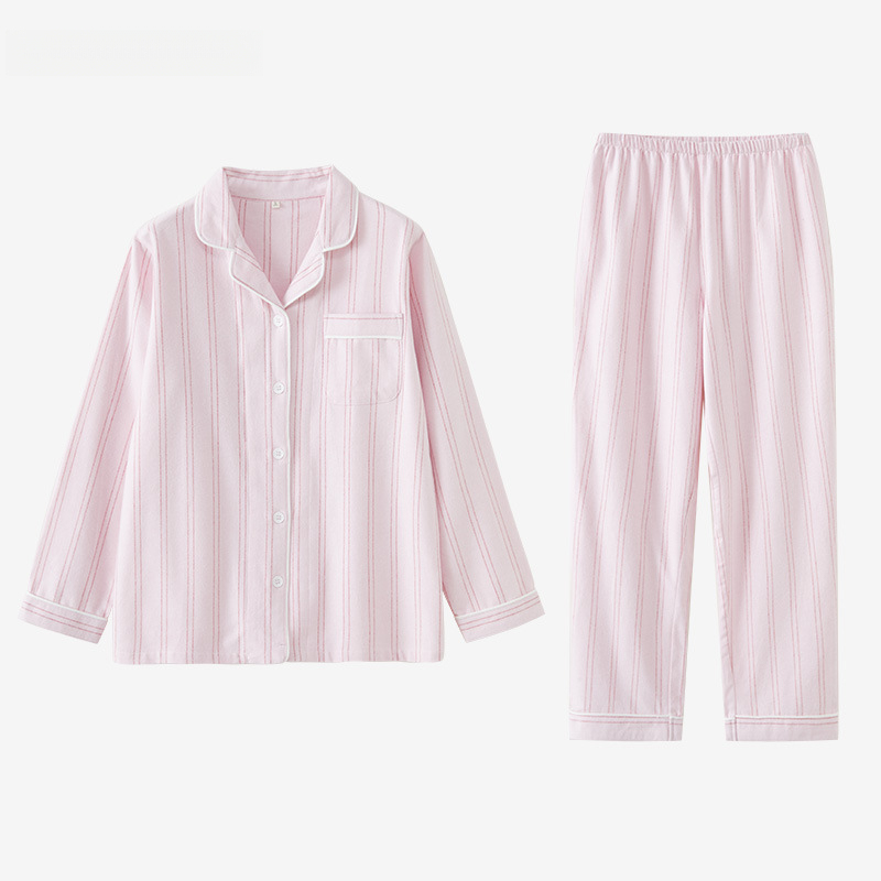 女士春秋冬情侶款純棉磨毛細條長袖長褲居家服