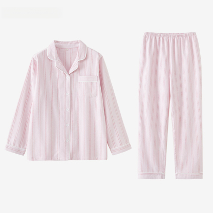 女士春秋冬情侶款純棉磨毛細條長袖長褲居家服