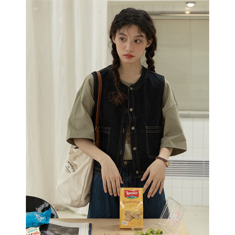 女士春秋短款明線設計牛仔馬甲