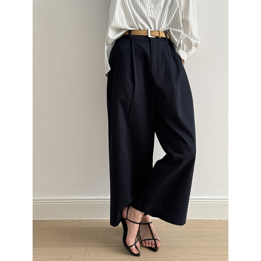 女士水洗棉含腰帶直筒闊腿褲